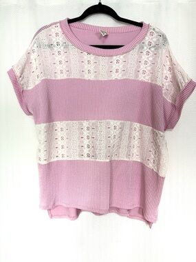 7th Ray Lace-Striped Short Sleeve Top Size Large